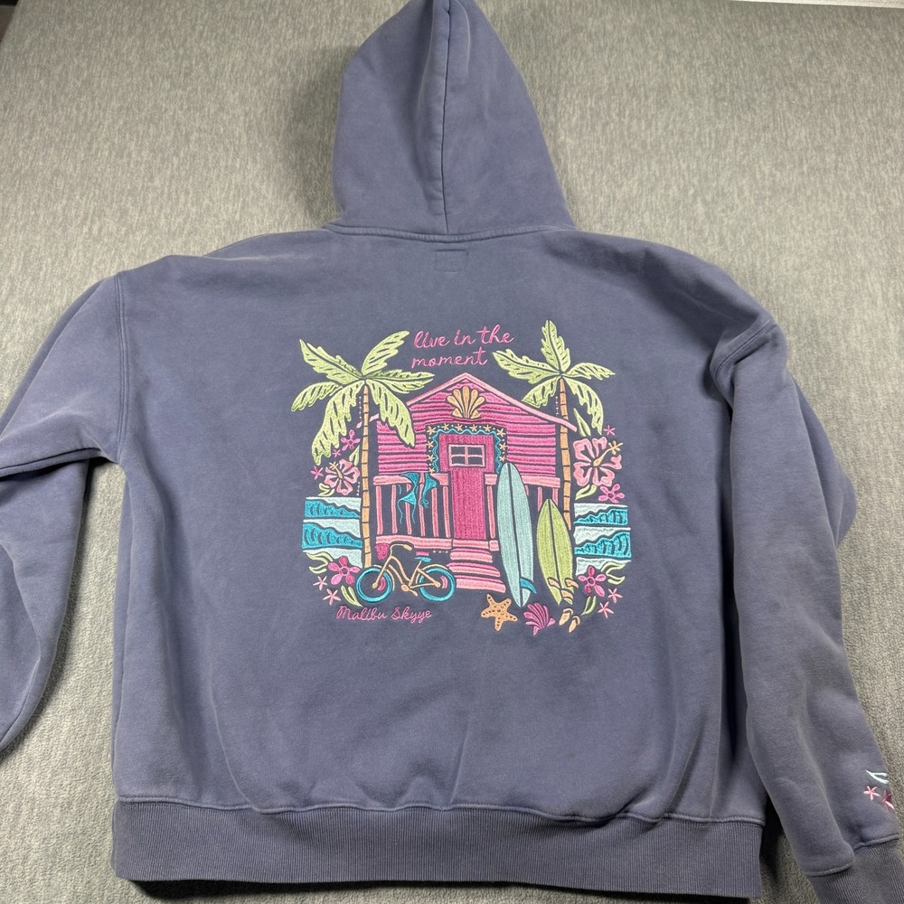 Malibu Skyye Hoodie Womens XL Blue Live In The Moment Graphic Fleece Pullover
